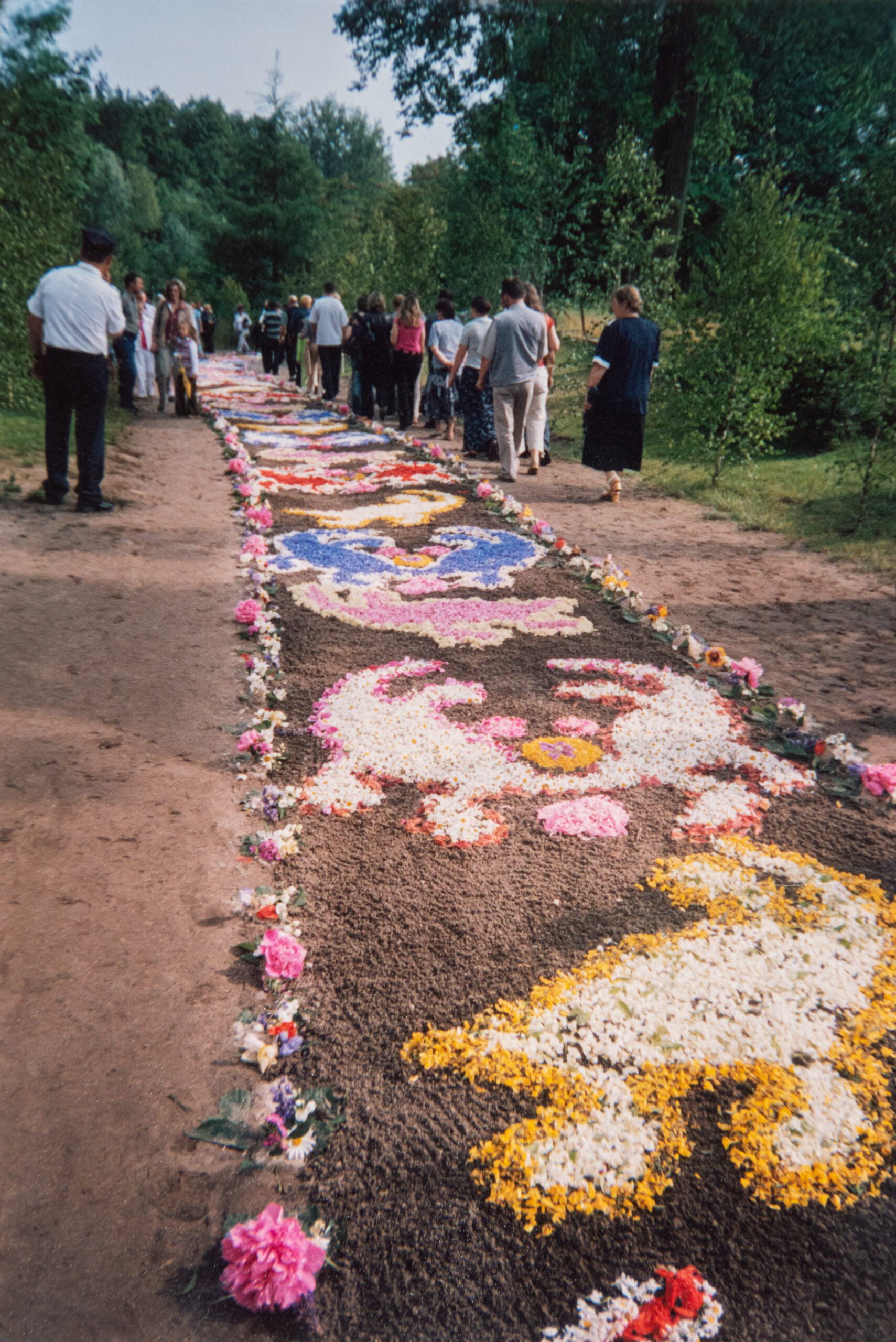 Kwietny dywan usypany na trasie procesji, z wielokolorowych kwiatów na piaskowej drodze.