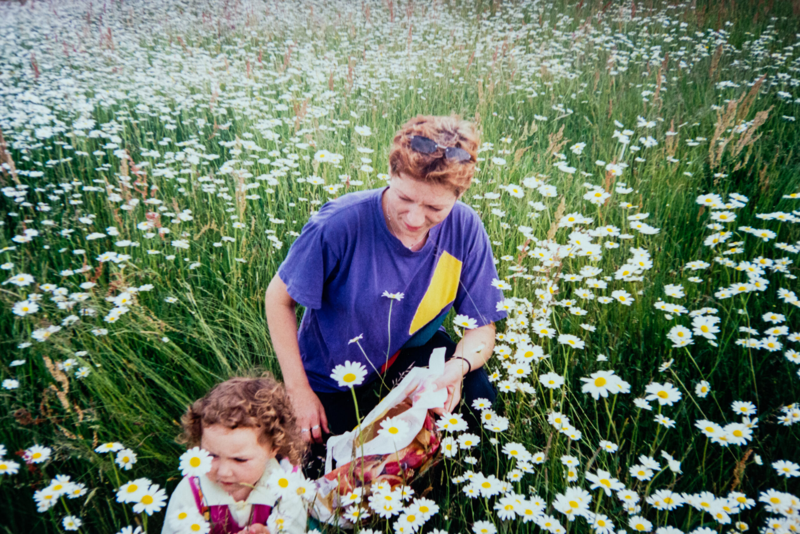 Kobieta oraz dziewczynka, zbierają białe polne kwiaty na łące.